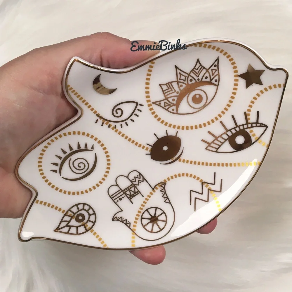 New Ceramic Hamsa Hand Evil Eye Gold Illustrative Jewelry Tray ~ Trinket Tray - Picture 8 of 12